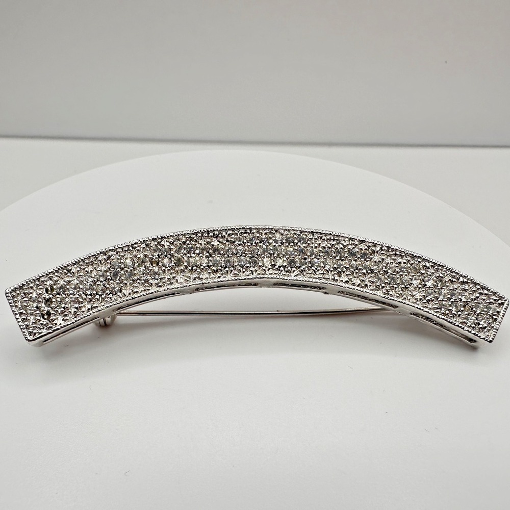 Vintage 90s Silver Tone Clear Rhinestone Curved Bar Brooch Pin Women's Jewelry